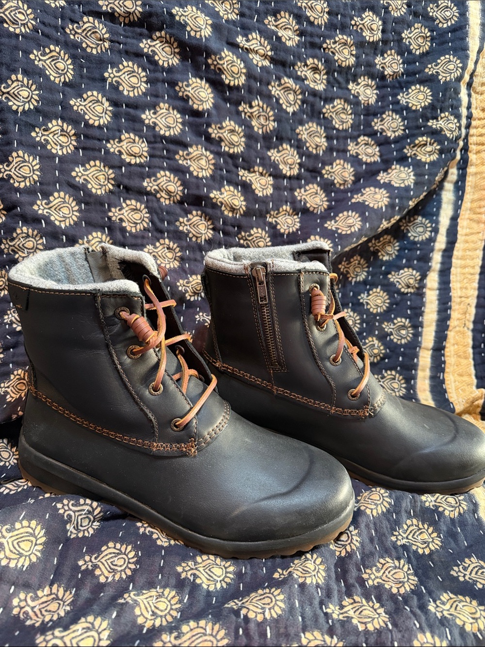 Sperry Navy Lace-Up Boots with Brown Laces